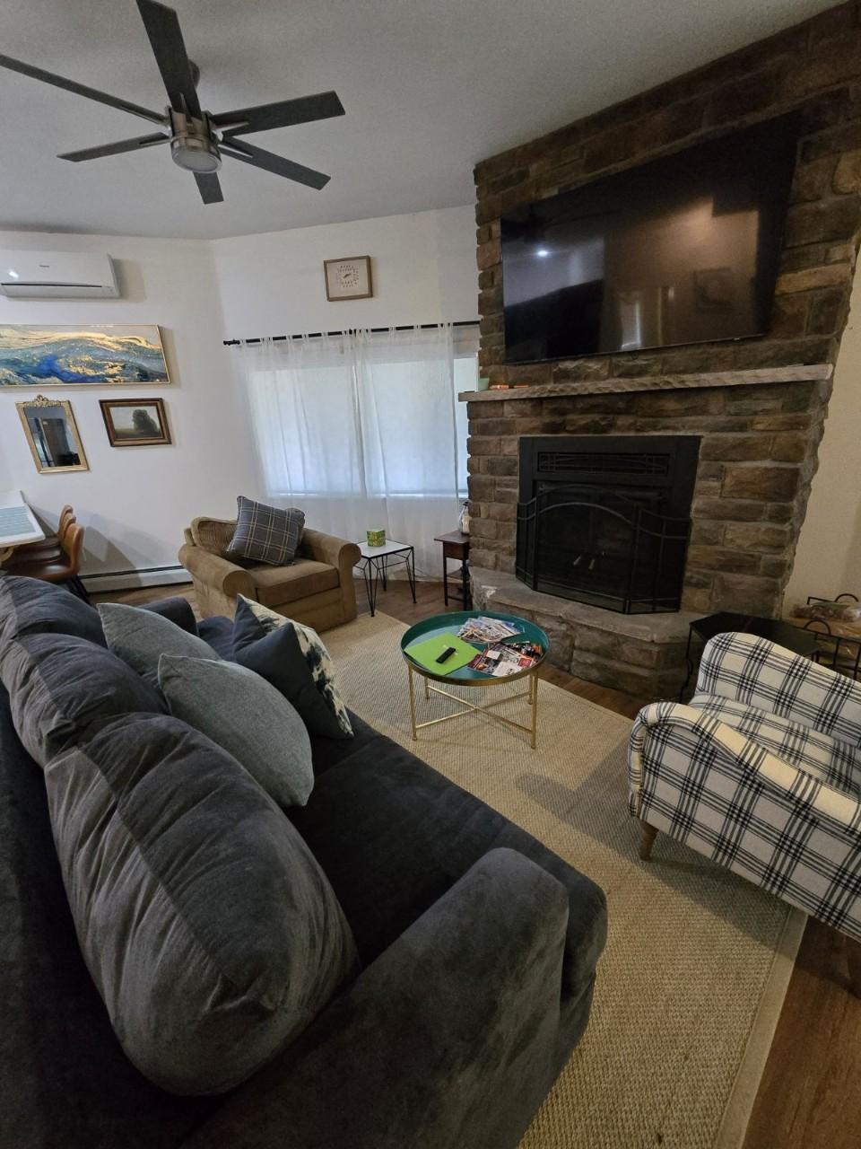 Stone fireplace living room